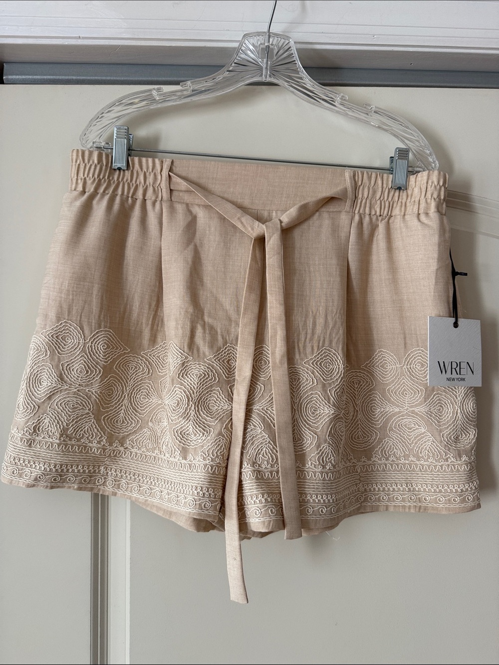 Wren Beige Embroidered Linen-Blend Tie Waist Shorts
